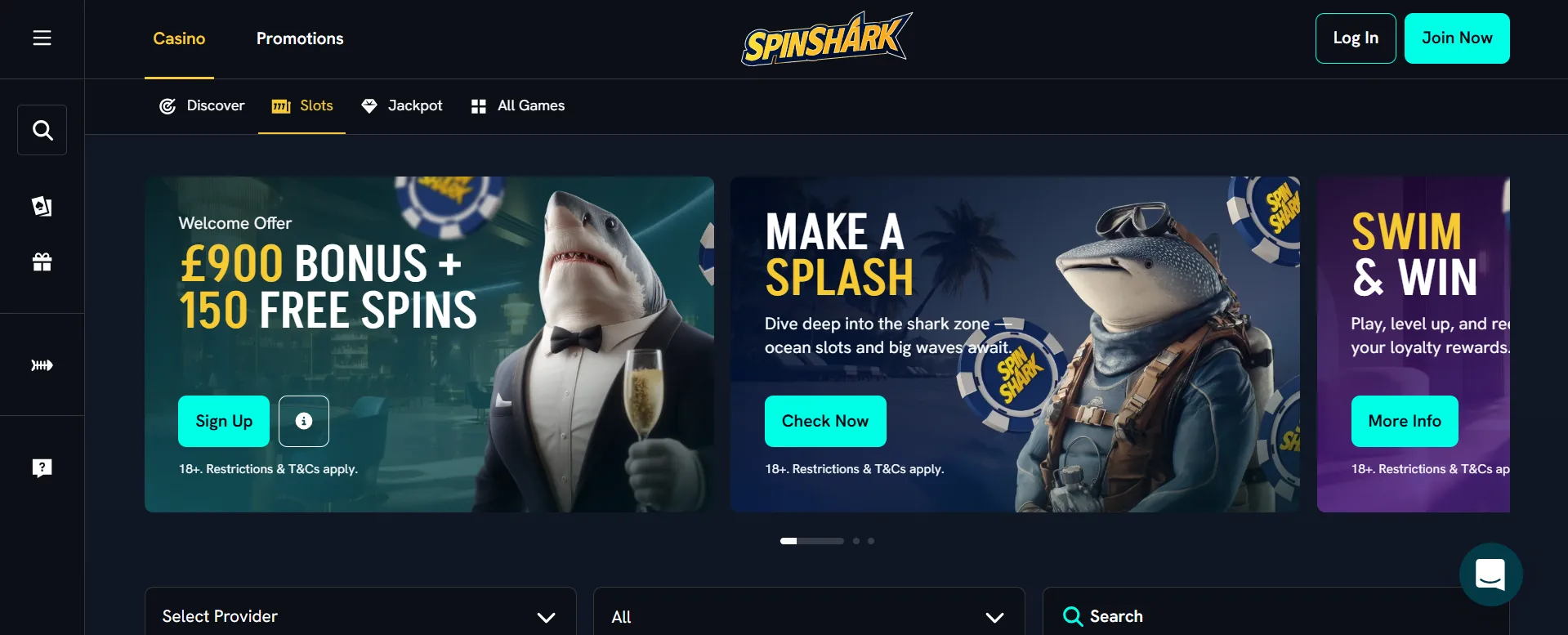 SpinShark Casino homepage interface showing login and sign up buttons