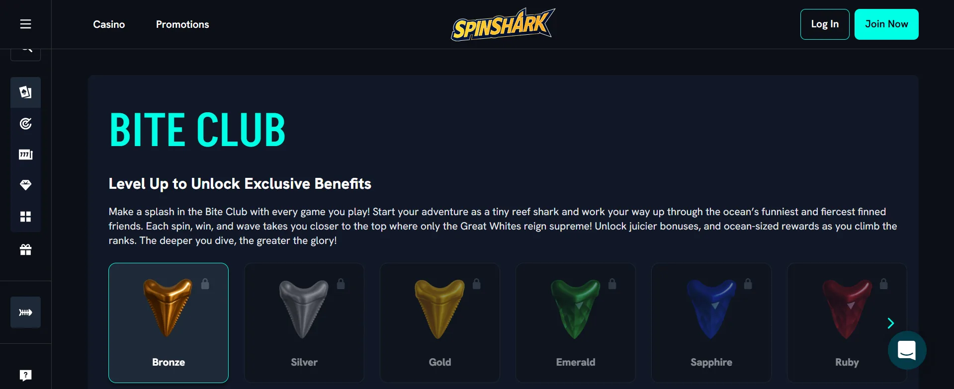 SpinShark Casino VIP Bite Club loyalty tiers
